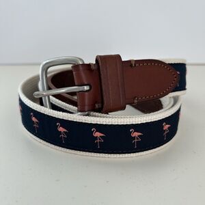 J Crew Navy Pink Flamingo Print Canvas Brown Leather Belt Mens Sz 40 Embroidered